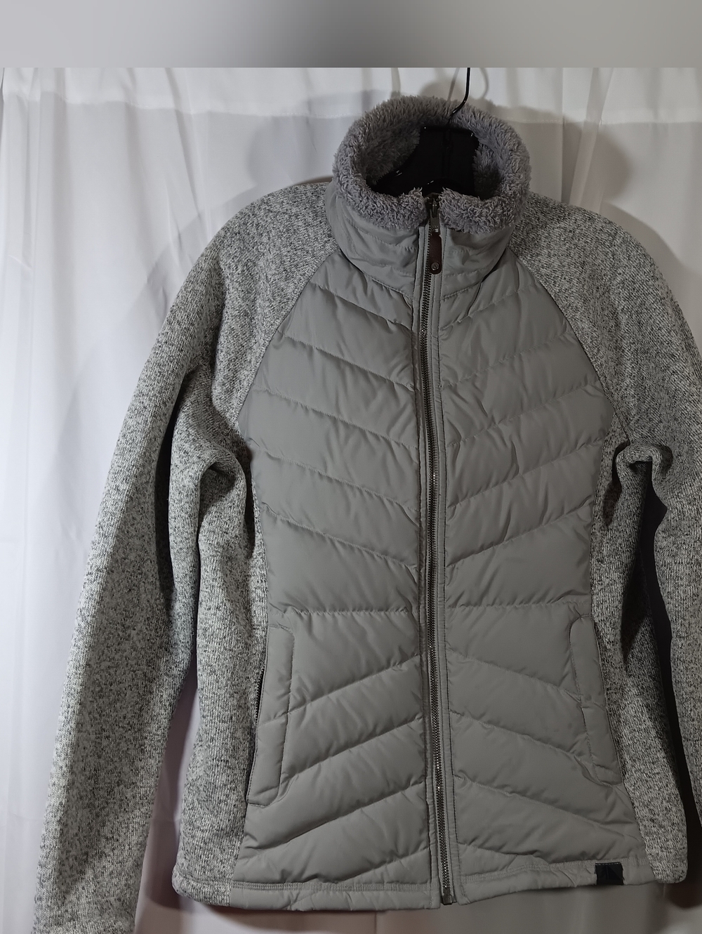 LL Bean Womens Medium Puffer Jacket Sweater Fleece DownTek Full Zip Gray Down